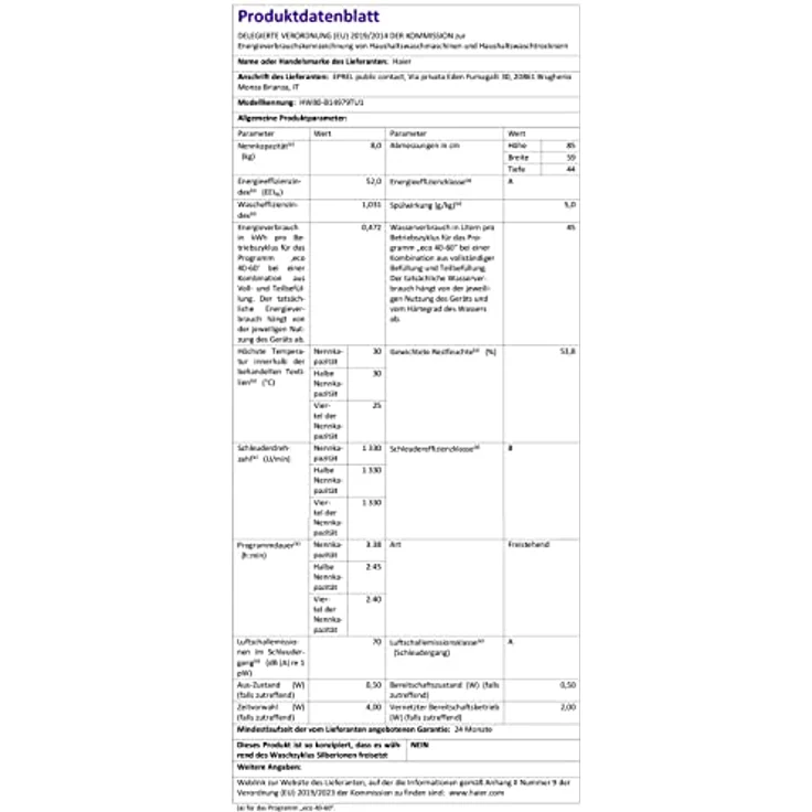 Haier HW80-B14979TU1, Frontlader-Waschmaschine, A, Fassungsvermögen 8 kg, Standgerät, Breite 60 cm – Bild 9