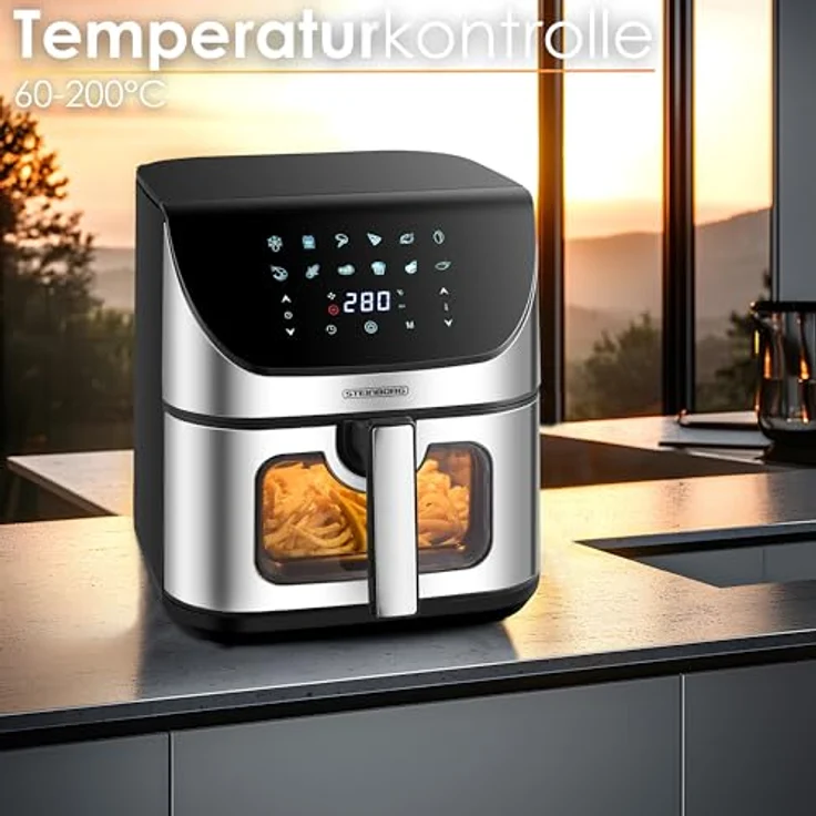 Steinborg Heißluftfritteuse 8 Liter 4 in 1 Sichtfenster Mini Backofen Grillen Backen Dörren Frittieren Heissluftfritteuse Friteuse ohne Öl Air Fryer Heißluftofen Heißluftgrill Fritteuse Dörrautomat, 1700 Watt, 60-200°C, 60 min Timer, Antihaftbeschichteter Frittierkorb, Automatische Abschaltung – Bild 2