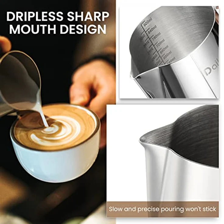 Dailyart Milchkännchen Edelstahl 304, 900ml Handheld Milchkanne mit Tropffreiem Ausguss und Ergonomischem Griff für perfekte Latte Art – Bild 4