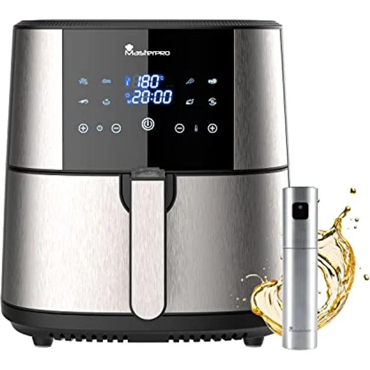 MasterPro Foodies Fritteuse-Set ohne Öl XXL 6 l und 1800 W zusammen mit Ölspray, LED-Touchscreen und Antihaft-Korb Luftfritteuse 8 verschiedene Funktionen in 1, BGKIT-0039, Grau – Bild 1