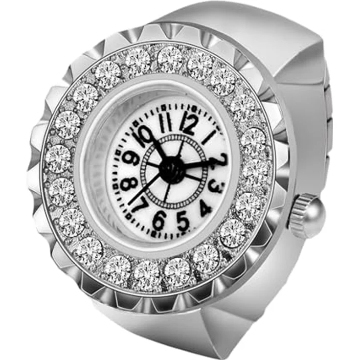 JewelryWe Ringuhr, Damen Fingeruhr mit Silber Legierung, Elastisches Band und Glitzer Strass, Rund Analog Quarz, 10m wasserdicht – Bild 1
