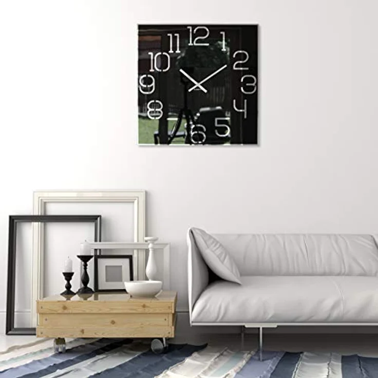 Wanduhr groß quadratisch Digit 50cm Durchmesser, ohne tickgeräusche modern, Design Acrylglas und Acrylspiegel, Wohnzimmer, Schlafzimmer (Schwarz) – Bild 2