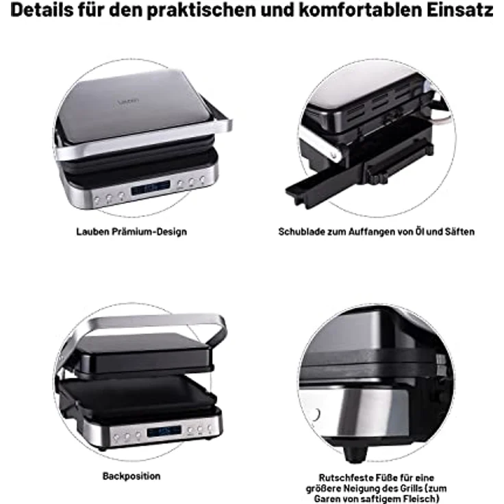 Lauben Contact Grill Deluxe 2000ST Tisch-Kontaktgrill mit 6 Automatikprogrammen, abnehmbaren Platten, LED-Display, Speicher-Funktion, Abtropfschale, Spülmaschinengeeignet – Bild 5