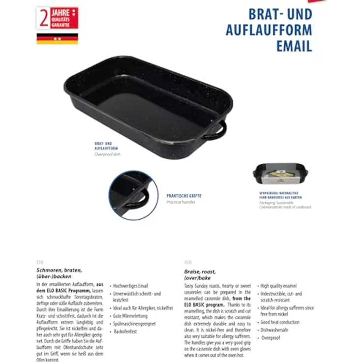 ELO 98832 Auflaufform, emailliert, 32 cm, schwarz mit weiß gesprenkelter Innen- und Außenseite, ofenfest bis 240 Grad, spülmaschinenfest – Bild 2