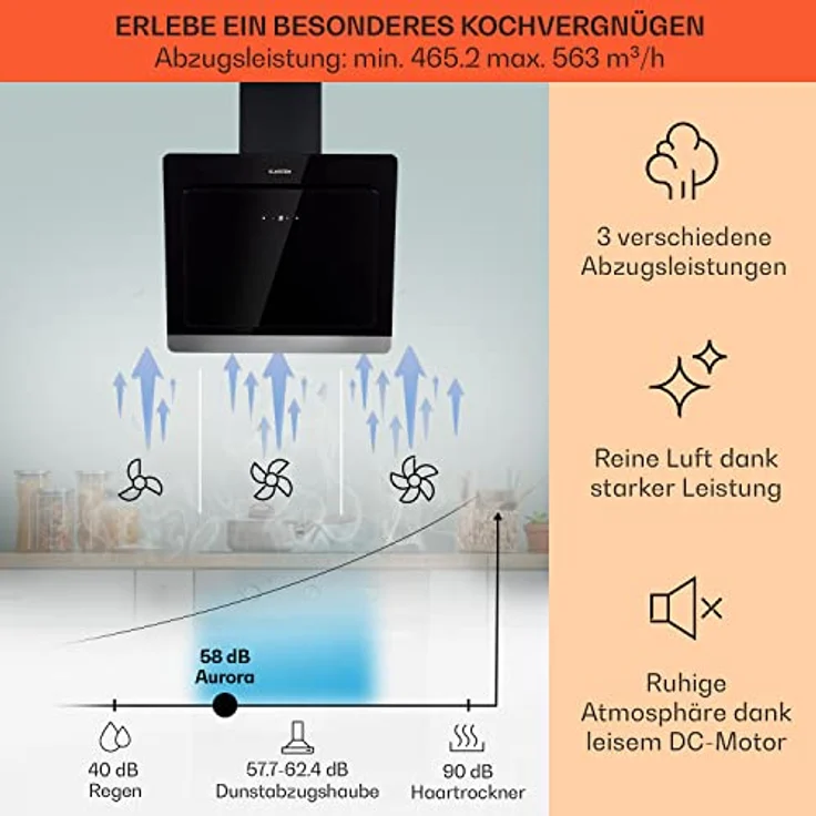 Klarstein 10040234 Wandhaube, Aurora 60 Smart Dunstabzugshaube 550 m³/h 60cm kopffrei Ambiente-Licht EEC A++, schwarz – Bild 4