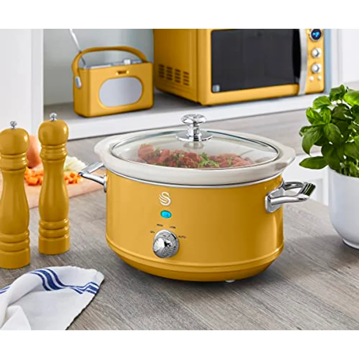 Swan Retro SF17021YELNEU Slow Cooker 3,5L Abnehmbarer Kochbehälter, PFOA- und PTFE-freier Keramischer Antihaft-Behälter, 3 Temperaturstufen, Glasdeckel, Vintage-Design, Gelb, 200W – Bild 2