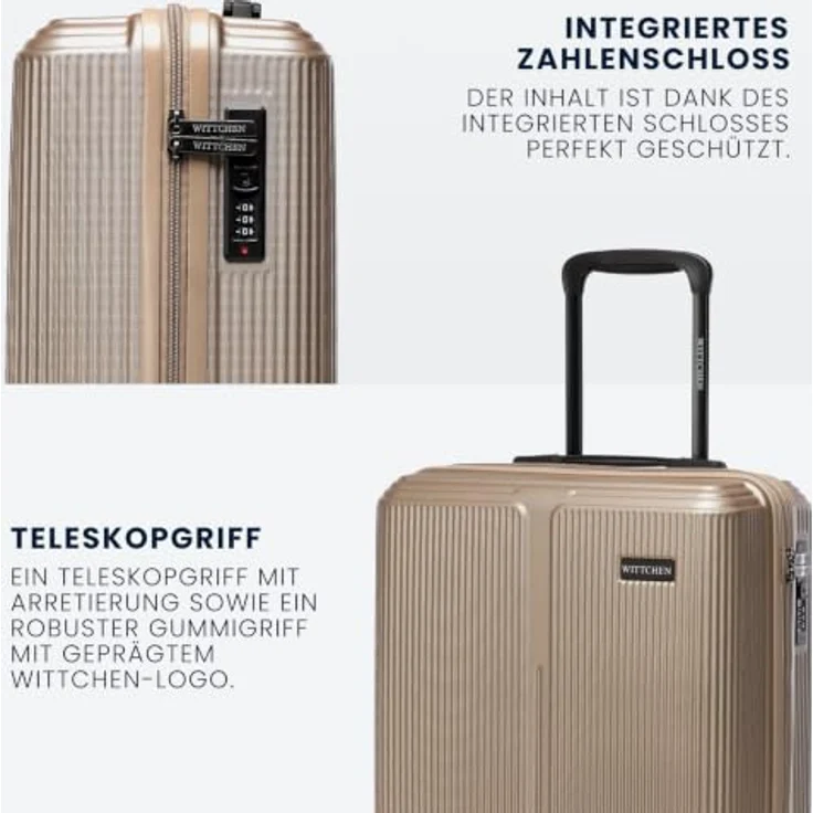 WITTCHEN Stripes Line Kofferset, Hartschalenkoffer ABS mit Kosmetiktasche, 4 Doppelrollen, Teleskopgriff, Zahlenschloss, Gold, Set S + M + L + XL – Bild 4