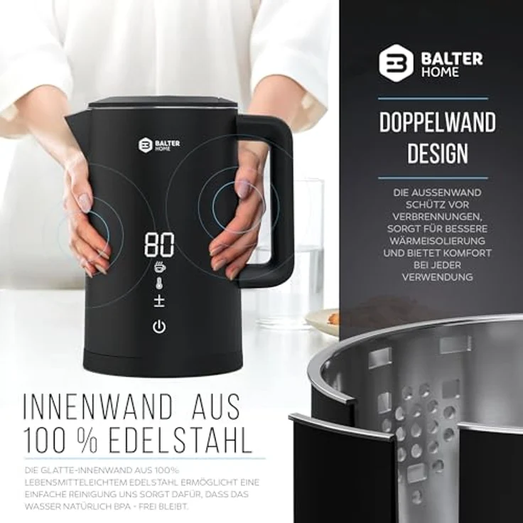 Balter Edelstahl Wasserkocher mit Temperatureinstellung, 40°C-100°C, Doppelwand, BPA frei, 1,5L, Schwarz – Bild 4