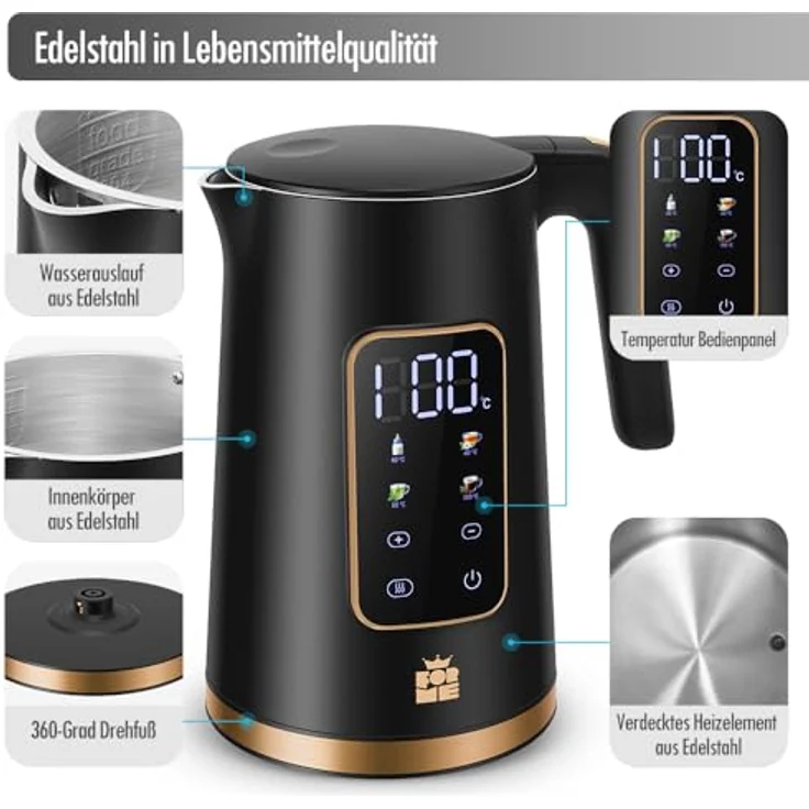 ForMe Edelstahl Wasserkocher 1,7 L, digitale Temperatureinstellung 40-100°C mit Warmhaltefunktion und LED-Anzeige, BPA-frei – Bild 3