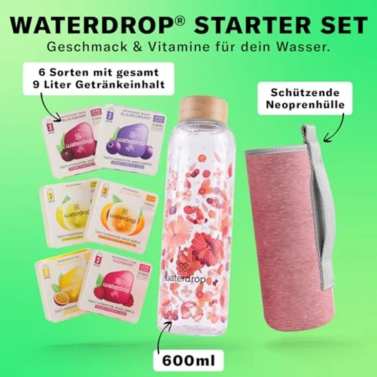 Waterdrop Starterset Trinkflasche aus Glas 600ml Relax Melange mit 6 fruchtigen Sorten – Bild 2