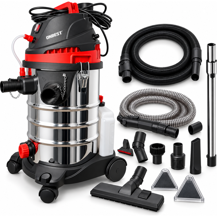 ONBEST Industrie-Sprühextraktionssauger WDS1430, 4-in-1 Nass- und Trockensauger mit 1400 W, 30 l Edelstahlbehälter, zwei Sprühbürsten