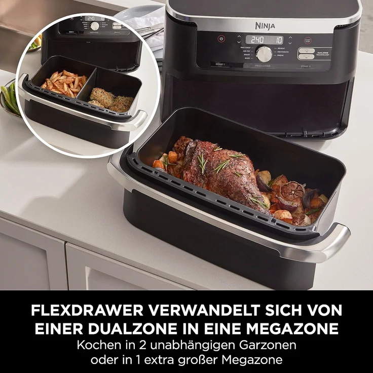 Ninja Foodi FlexDrawer Heißluftfritteuse, Dual Zone, verwandelt sich in MegaZone, 10,4 L, 7-in-1, Dual Zone, mit wenig bis gar kein Öl, antihaftbeschichtete, spülmaschinenfeste Teile, Schwarz AF500EU – Bild 3