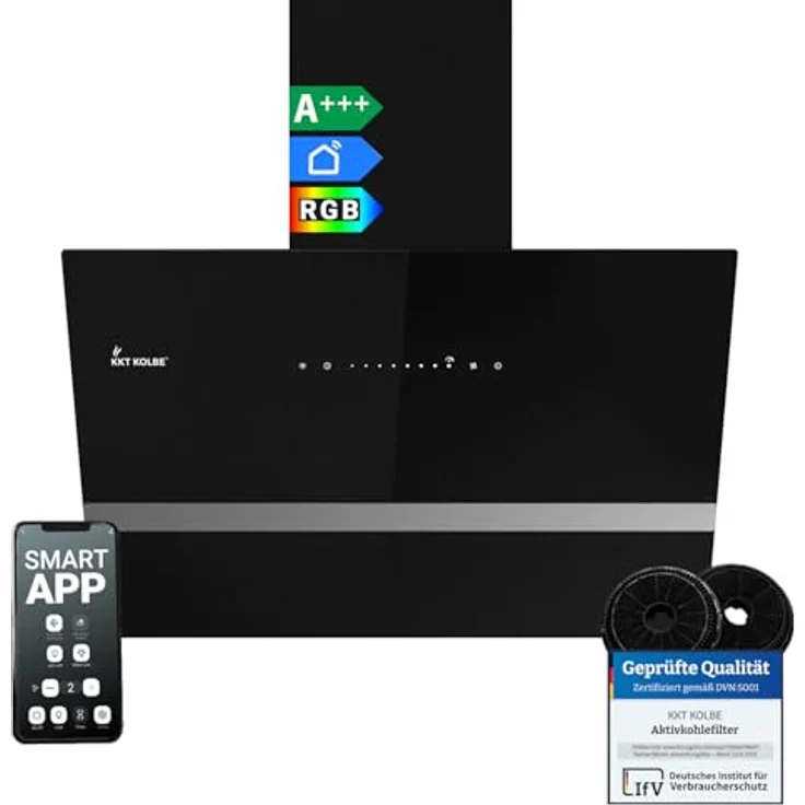 KKT KOLBE EASY6005SM Dunstabzugshaube 60 cm, 782 m³/h, kopffrei, Wandhaube, schwarz Glas, Smart WiFi App, RGBW-LED-Beleuchtung, energieeffizient A+++ – Bild 1