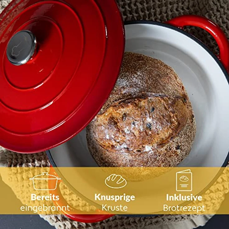 Gusseisen Topf 26 cm 4,7 L emailliert - Schmortopf mit Deckel Induktion - Gusseisen Bräter Topf Brot backen - Cocotte emaille - Bratentopf - Brotbacktopf – Bild 3
