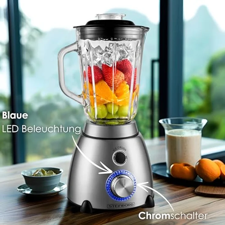 STEINBORG Standmixer SB-7010, 600 W, Pulsfunktion, 1,5 Liter Glaskrug, Chromschalter mit blauer LED-Beleuchtung – Bild 2