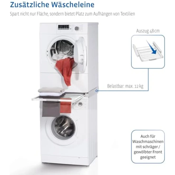 Xavax Zwischenbaurahmen mit Wäscheleine (Verbindungsrahmen für Waschmaschine und Trockner, Zwischenbausatz mit integriertem Wäscheständer, inkl. Zurrgurt) weiß – Bild 3