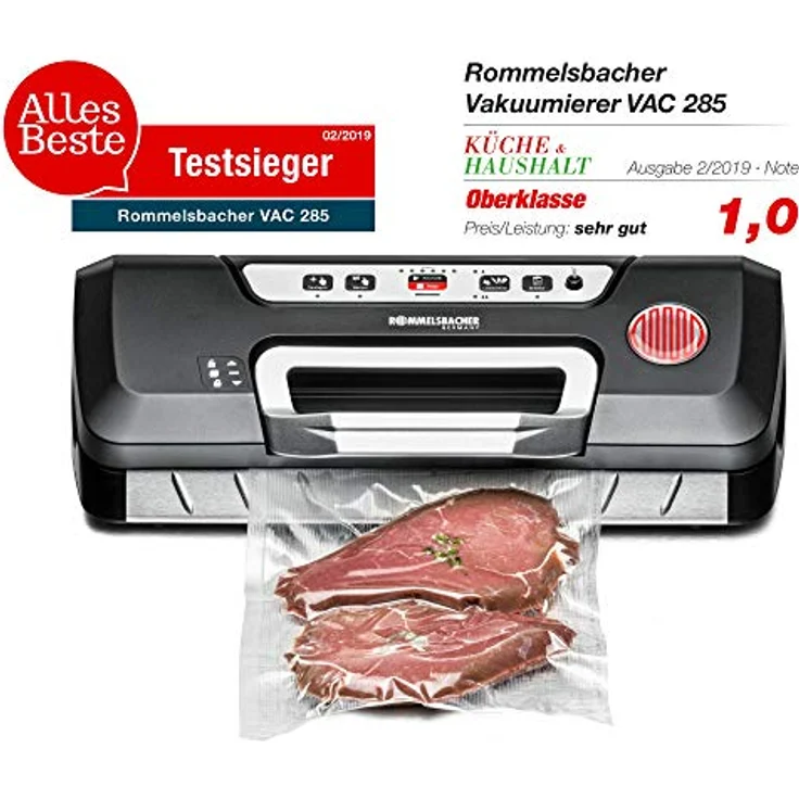 Rommelsbacher VAC 285 Vakuumierer - Absaugleistung 9 Liter-Min., Einhand-Bedienung, für Langzeitbetrieb, vollautom. Vakuumieren & Versiegeln, 2 Versiegelungszeiten, für Folien bis 30 cm Breite – Bild 2