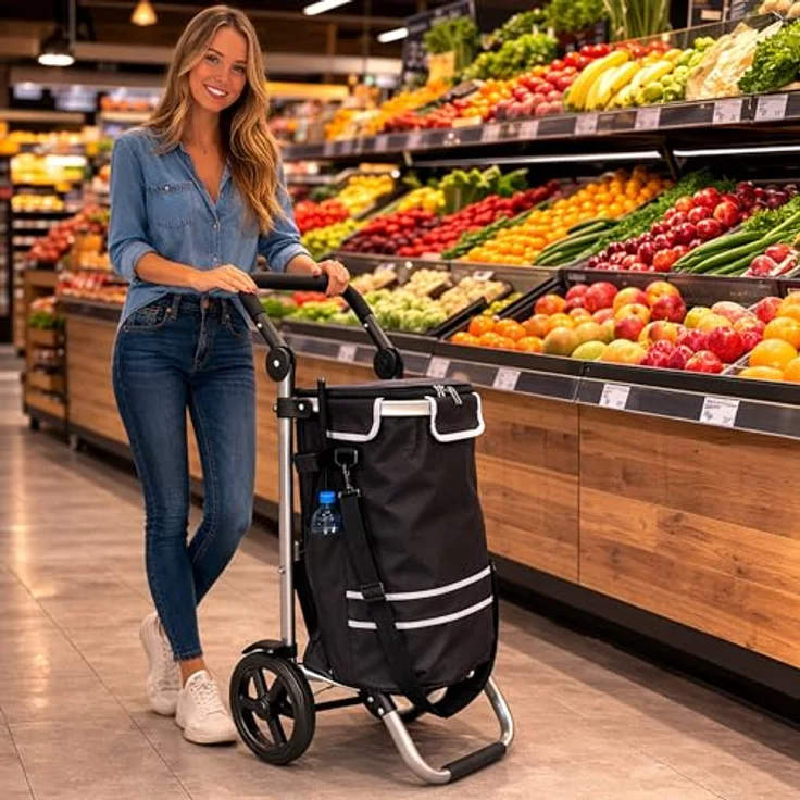 Quick Star Einkaufstrolley Faltbar, Aluminium, Schwarz, 58 l Volumen, 50 kg Traglast, mit Kühlfach – Bild 2