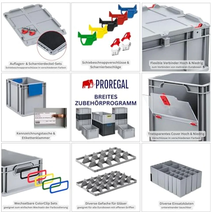 PROREGAL Eurobox NextGen Color SparSet, 10x Transportbox mit Auflagedeckel, Schiebeschnappverschlüssen, 44L, Schwarz, HxBxT 22x40x60cm – Bild 5