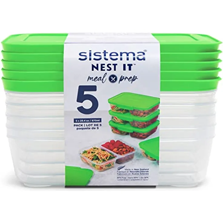 Sistema NEST IT Frischhaltedosen Meal Prep Boxen, 870 ml, luftdichte Vorratsdosen mit Fächern und Deckel, BPA-Frei, Grün, 5 Stück