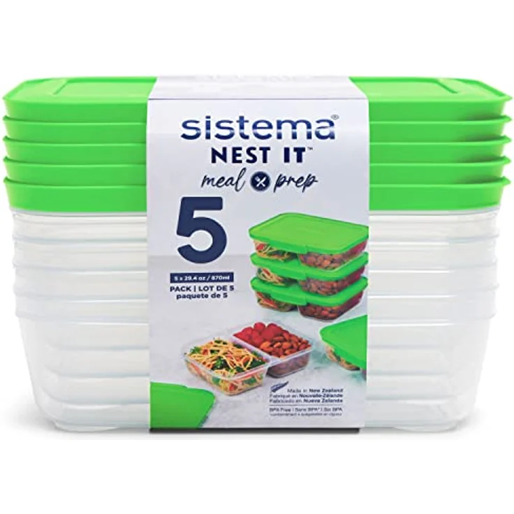 Sistema NEST IT Frischhaltedosen Meal Prep Boxen, 870 ml, luftdichte Vorratsdosen mit Fächern und Deckel, BPA-Frei, Grün, 5 Stück – Bild 1