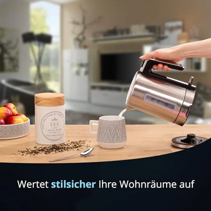 KHG Wasserkocher WK-105 ES, Edelstahl 1 Liter, 2200 Watt, abwaschbarer Kalkfilter, Wasserstandsanzeige, Trockengehschutz & Abschaltautomatik – Bild 2
