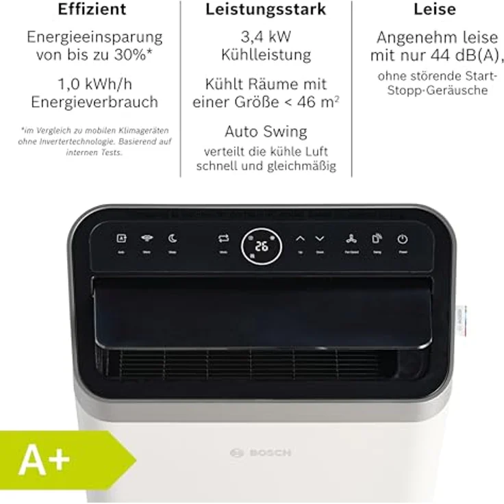 Bosch Cool 5000 Mobiles Klimagerät mit Invertertechnologie, 3-in-1: Klimagerät, Luftentfeuchter, Ventilator - 3,4 kW für Räume bis zu 46 m², Auto-Modus, Silent-Modus & Sleep-Modus – Bild 3