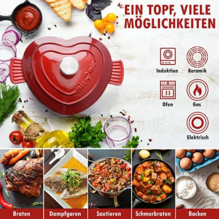 MIAMIO Emaille Gusseisen Topf in Herzform, 3 Liter, 24 cm, geeignet für alle Herdarten inkl. Induktion, ideales Geschenk zu Weihnachten – Bild 5