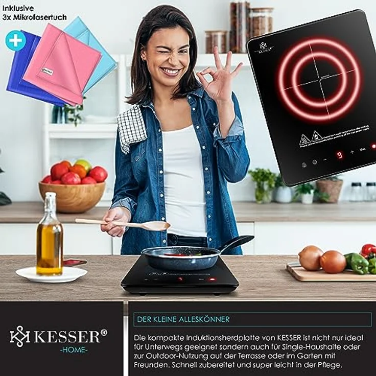 KESSER® Induktionskochplatte Induktionskochfeld 1 Platte 2100W Tragbares 28cm Kochplatte + 3x Mikrofasertuch + 1x Rezeptbuch, 9 Heizstufen, 8-Stunden-Timer, Touch-Steuerung, Booster-Funktion 220-240V – Bild 4
