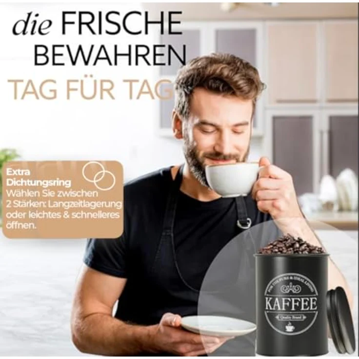 IDEALTASTIC® Premium Kaffeedose luftdicht [500g], robuste Vorratsdose für gemahlenen Kaffee & Bohnen, mit flexiblen Inhaltstickern für Zucker, Müsli und mehr, DEKRA geprüft – Bild 3