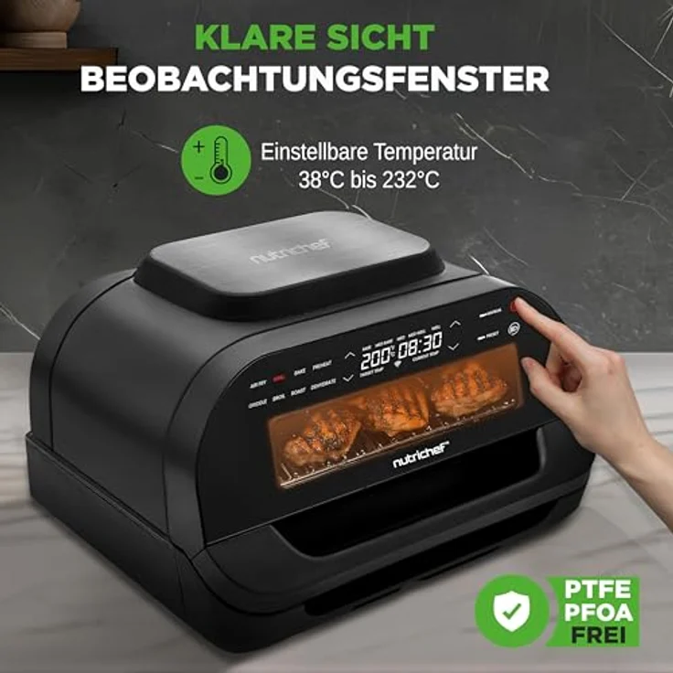 Nutrichef Indoor Smokeless Grill, Smart Grill & Heißluftfritteuse mit 7 Kochfunktionen, 6L Kapazität, Smart-Thermometer, präzise Temperaturkontrolle, abnehmbare Antihaft-Grillplatten – Bild 4