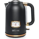 MUSE Edelstahl Retro Wasserkocher mit analoger Temperaturanzeige, mit Filter, transparenter Skala, 1,7L Fassungsvermögen, Automatische Abschaltung, matt schwarz-gold (MS-030 BC)