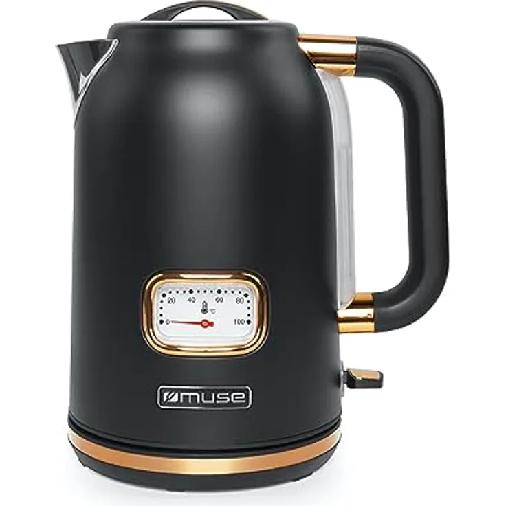 MUSE Edelstahl Retro Wasserkocher mit analoger Temperaturanzeige, mit Filter, transparenter Skala, 1,7L Fassungsvermögen, Automatische Abschaltung, matt schwarz-gold (MS-030 BC)