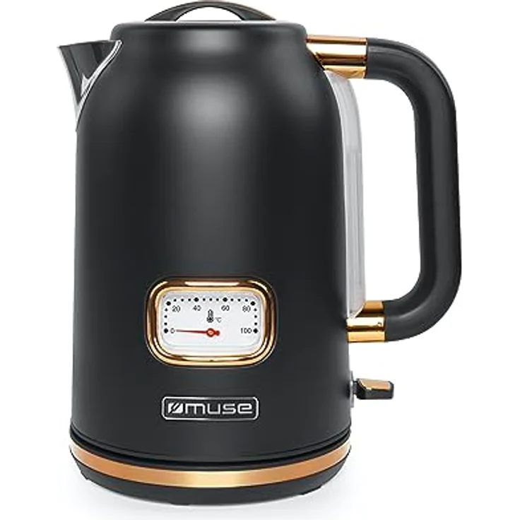 MUSE Edelstahl Retro Wasserkocher mit analoger Temperaturanzeige, mit Filter, transparenter Skala, 1,7L Fassungsvermögen, Automatische Abschaltung, matt schwarz-gold (MS-030 BC) – Bild 1