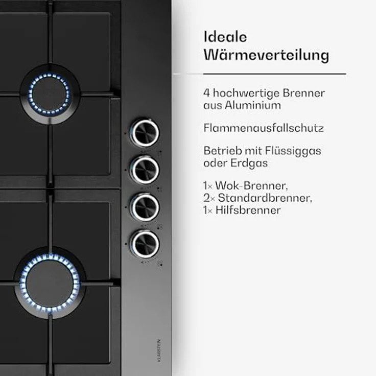 Klarstein Verosteel Gaskochfeld 4-Brenner, 8000W, 60cm, Schwarz Edelstahl, Flüssiggas/Erdgas, elektrische Zündung, Flammenausfallschutz, inkl. Umrüstsatz – Bild 5