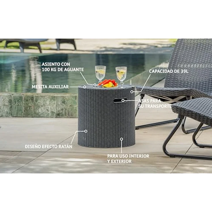 Keter Cool Stool, Kühlbox (39 l) mit wetterfestem Rattan-Look und vielseitiger Nutzung als Sitzhocker – Bild 4
