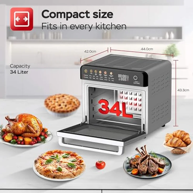 TurboTronic Multi-Smart-Ofen - 16in1 Heißluftofen & Dörrautomat 2200W Power 34L bis 6kg Pommes Backofen mit Dörrfunktion 40-350°C Drehspieß Grill Airfryer kleine Tisch Pizzaofen, Edelstahl – Bild 2