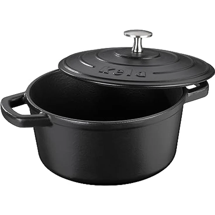 Kela 12470 Bräter mit Deckel, Gusseisen, le-Beschichtung, Hohe Wärmespeicherung, Induktionsgeeignet, 2,5 L, Schwarz, Rund, Calido – Bild 3