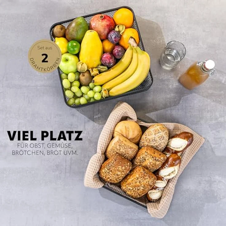 eluno Obstkorb 2er Set, eckige Drahtkörbe aus schwarz pulverbeschichtetem Metall, ideal für Obst, Gemüse und Brot, in zwei Größen (24,5 x 24,5 cm und 30,5 x 30,5 cm) – Bild 2