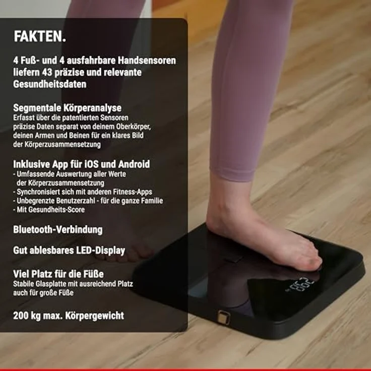 HAMMER Körperanalysewaage Body Screen TX, 8 Sensoren, 15 Messungen, inkl. App, Bluetooth – Bild 5