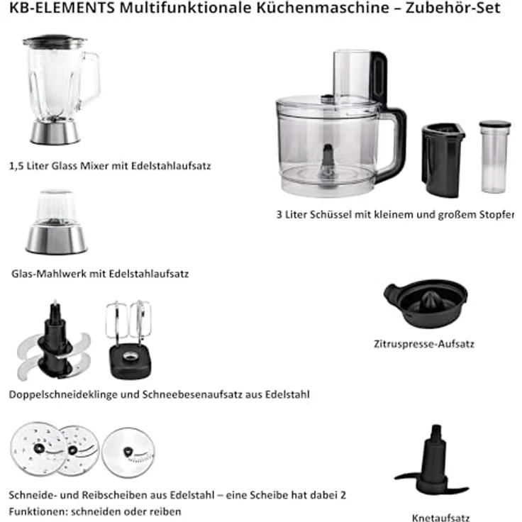 KB ELEMENTS Küchenmaschine - Mixer & Gemüseschneider, 1000W Vollkupfermotor, Full Touch Display, 3L Edelstahlbehälter, Doppelschneideklinge – Bild 4