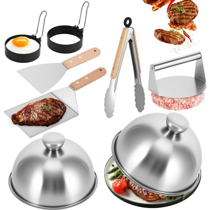 BlingBin 8-teiliges Smash Burger Set, Edelstahl 304 mit Burgerpresse, Grillglocke, Grillspachtel & Zange, Silber
