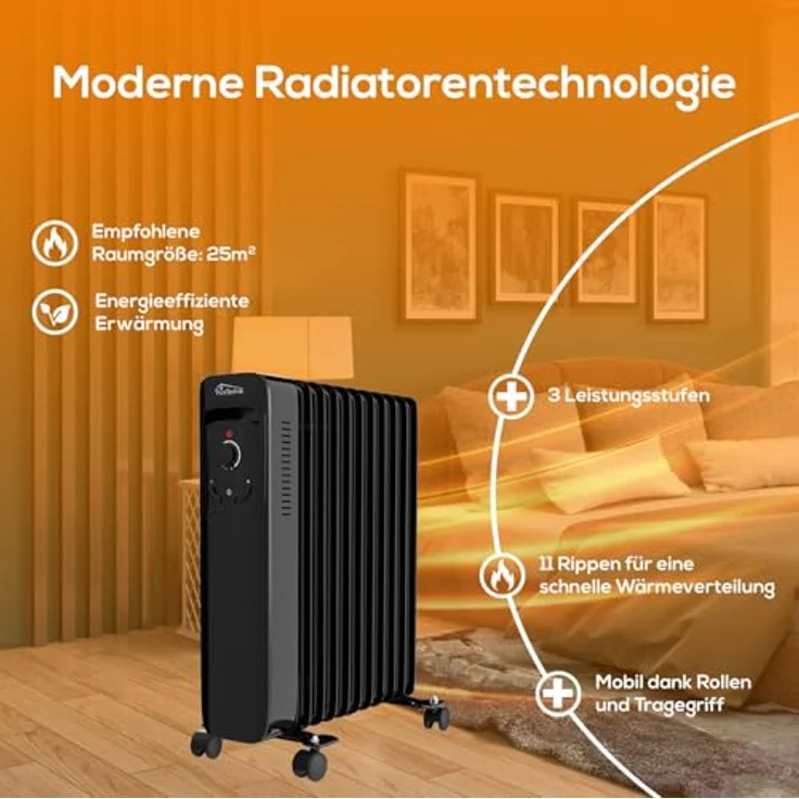 Tronitechnik® Ölradiator TT-OR 211 Elektroheizung Schwarz Öl-Heizung Radiator 3 Heizstufen 11 Rippen Elektrischer Heizkörper Energiesparend Thermostat Überhitzungsschutz Heizgerät – Bild 4
