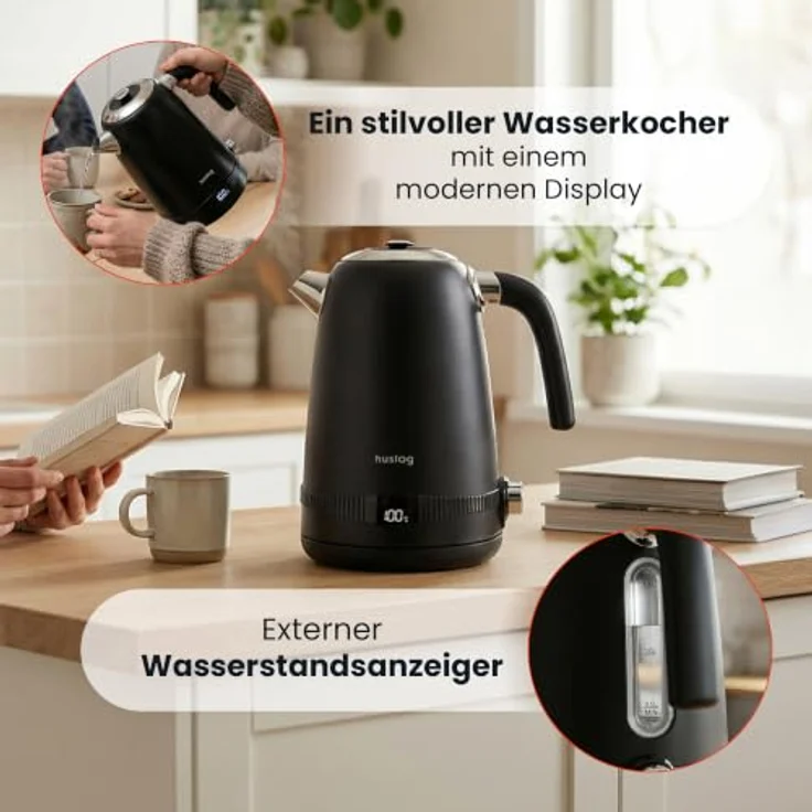 Huslog Elektrischer Wasserkocher Retro Edelstahl mit Temperaturanzeige, 1,7L, 2200W, 7-stufige Temperaturregelung – Bild 5