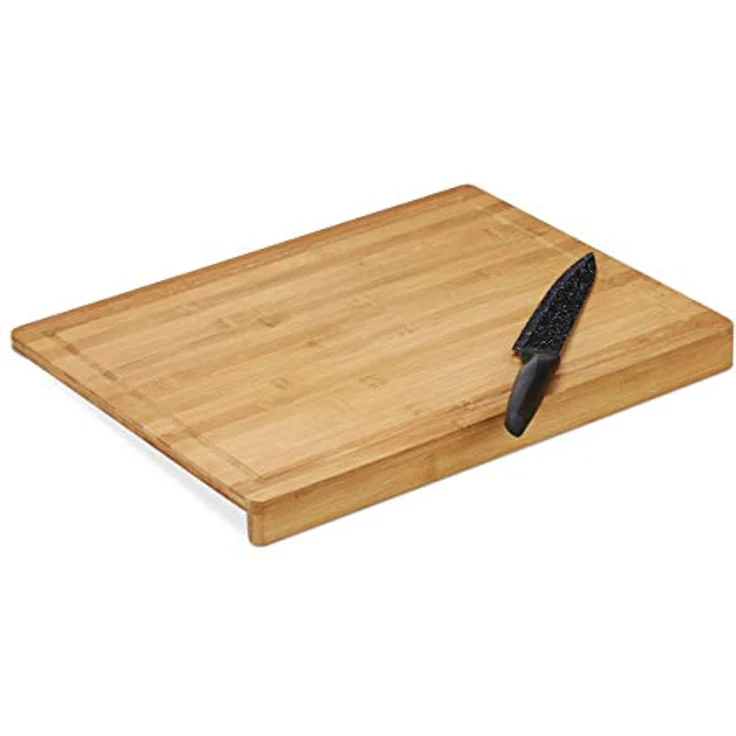 Relaxdays Tranchierbrett Bambus, Anschlagkante, Saftrille, Schneidebrett Küche, antibakteriell, Backbrett 45x35cm, natur – Bild 1