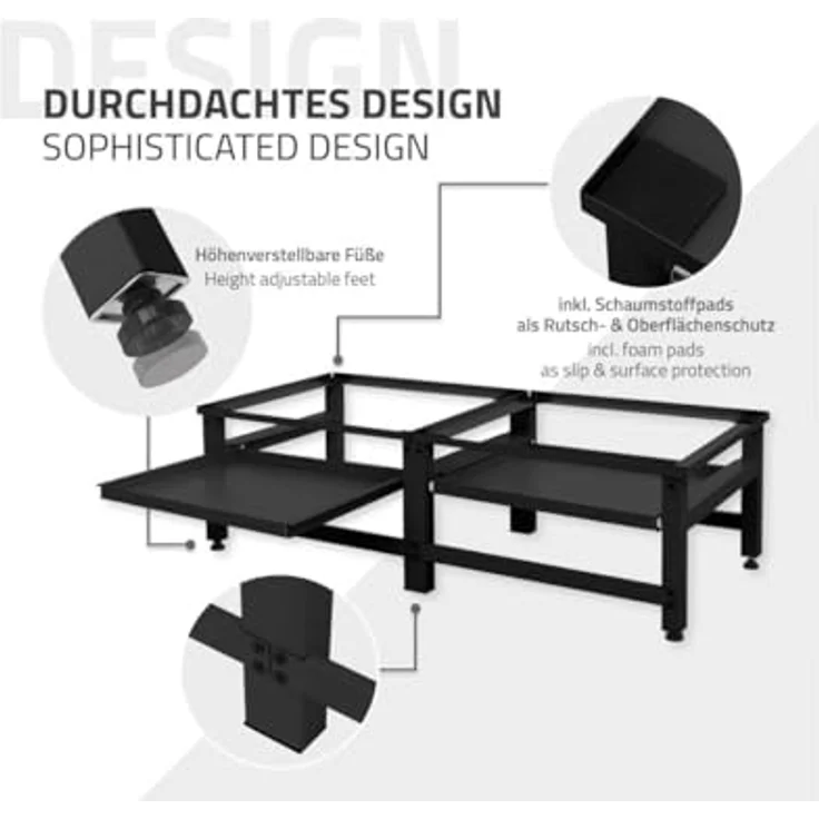 ML DESIGN modern living Doppel Waschmaschinen-Untergestell mit 2 ausziehbaren Ablagen, Schwarz, Stahl, bis 2x 150kg + 10kg, verstellbare Füße, Doppelsockel mit erhöhtem Rahmen und sicherem Stand – Bild 4