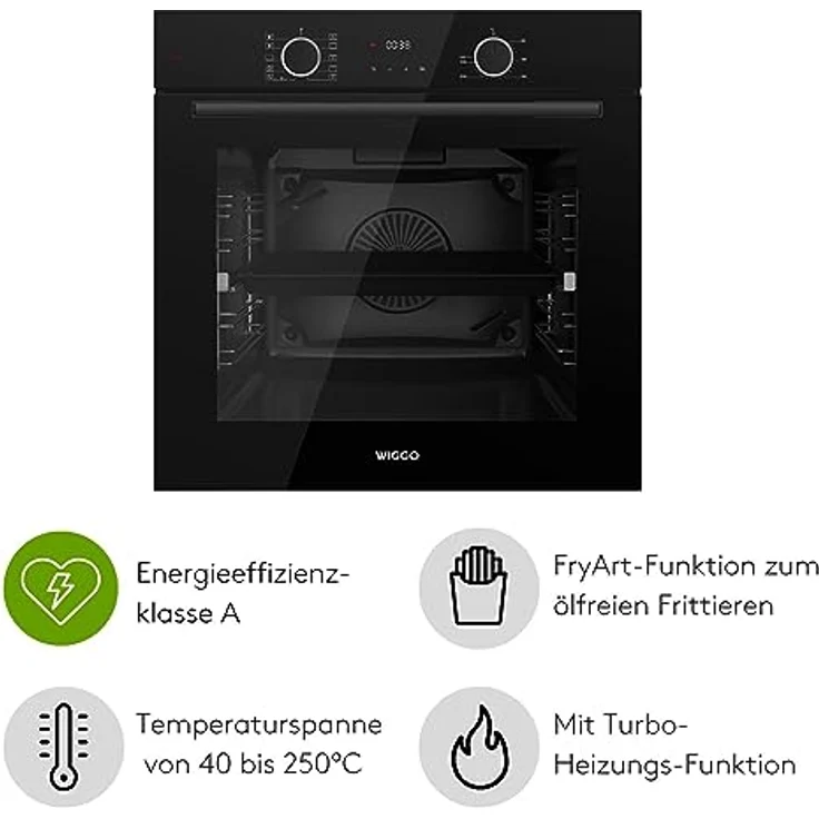 Wiggo WO-BFA610 Einbau-Backofen, schwarz, 60 cm, 73 l, Airfryer, Ober- & Unterhitze, Heißluft, Grillen, Auftauen, 4 Bleche, Konfektion – Bild 2