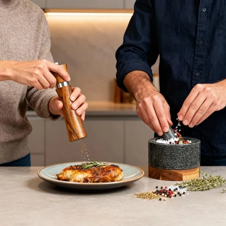 ECENCE Salz-/Pfeffermühle Holz 2er Set aus Akazienholz, Gewürzmühle mit Keramikmahlwerk und Untersetzer – Bild 7