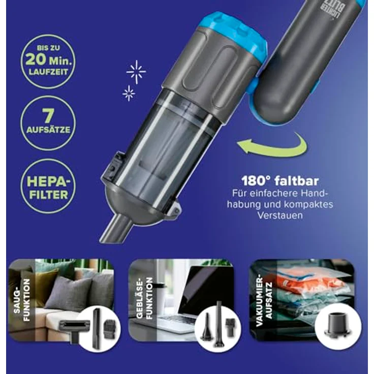 LICHTERBLITZ Handstaubsauger mit Faltfunktion, 4,5 kPa Saugkraft, 7 Aufsätzen, HEPA-Filter und LED-Licht – ideal für Auto und Haushalt, Akku mit Saug- und Gebläsefunktion – Bild 4