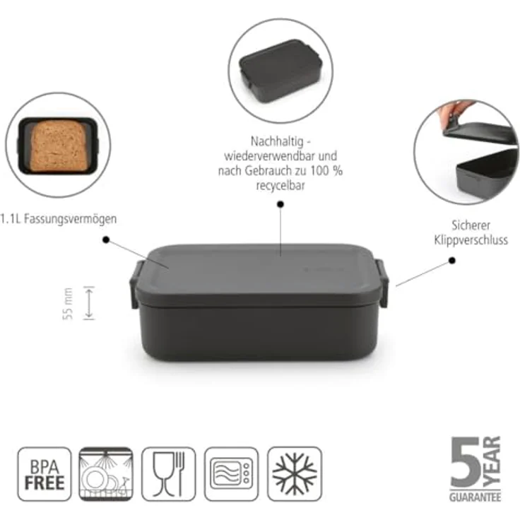 Brabantia Make & Take Lunch-Set, 2er Set: Auslaufsicherer Suppenbecher 0,6L + Lunch Box Medium für Sandwiches, gefriergeeignet, spülmaschinen- & mikrowellenfest, Dark Grey – Bild 3